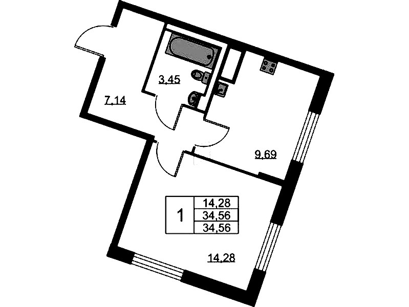 1-комнатная квартира 34.56 м², 4/11 эт., ЖК «Квартал Лаголово»